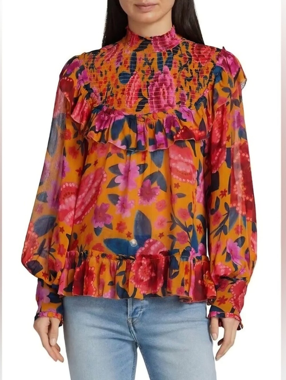 Farm Rio Floral Dream Smocked Mock Neck‎ Vibrant Ruffle Hem Top